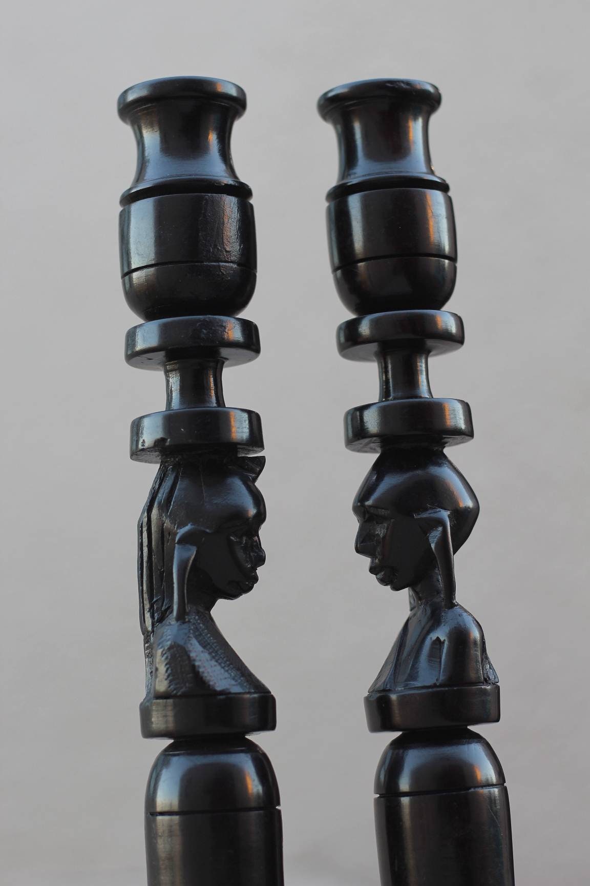 Tanzanian Handcarved Ebony wood Candlestick holder with Masaai Couple. Pair of candle stands, African Gifts Ready to Ship Express Worldwide