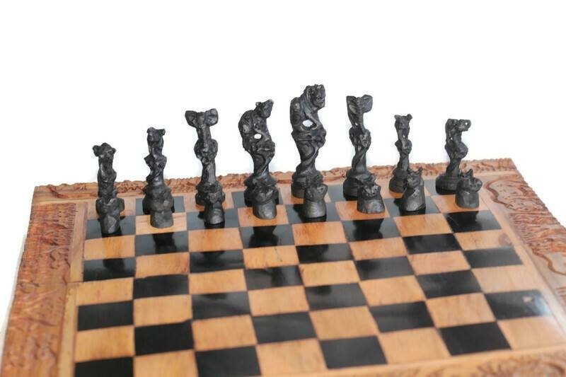 African Big 5 Animals On treetop Chess Set. Ebony, Olive, Mahogany Wood Hand Carved Gaming board. Brown and Black Art gifts Express Shipping