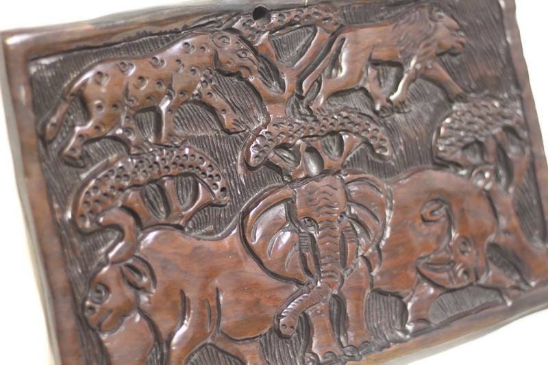 African Big Five Animals carved on a Rectangular Wall Decor Plate. Table top/Hanging frame, Ebony Wood Fine Art ornament. Shipping Worldwide