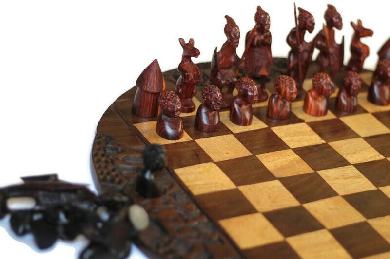 Ebony, Olive and Zebra wood Handcarved Zulu Warriors Chess Set. Fine Art African board game with individually carved pieces. Ships Express