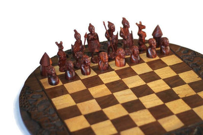 Ebony, Olive and Zebra wood Handcarved Zulu Warriors Chess Set. Fine Art African board game with individually carved pieces. Ships Express