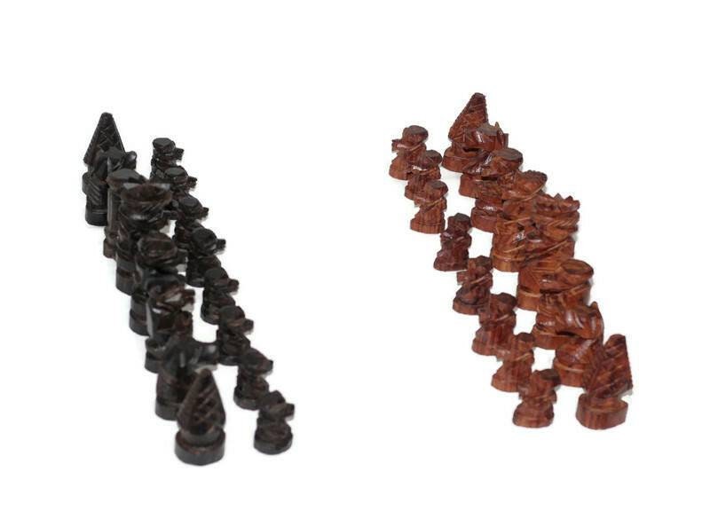 Unique African Kingdom Chess Pieces. Rosewood and Ebony Wood combination. Full set gaming pieces without Board. African games and Puzzle art