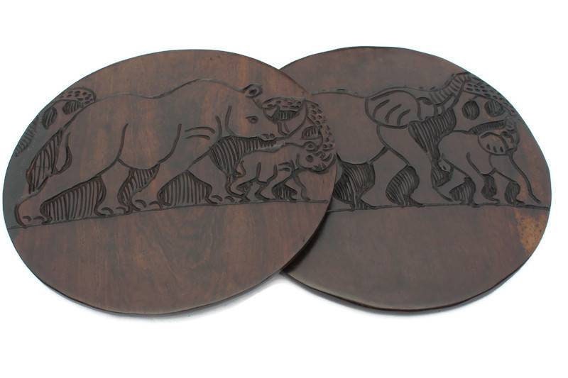 Ebony Wood Handcarved Wall Decor plates with the African Big 5. Table centerpieces /Placemats with Rhino and Elephant Family. Read to Ship