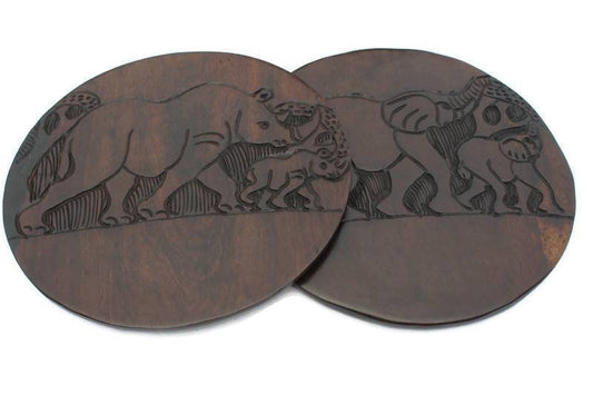 Handgeschnitzte Wanddekor-Teller aus Ebenholz mit den afrikanischen Big 5. Tischdekoration/Tischsets mit Nashorn- und Elefantenfamilie. Versandfertig