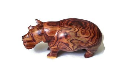 Zebra Wood Carved Hippo. Hand carved Brown smooth Wooden Hippopotamus figurines. Unique handcrafted African animals gifts, Express Shipping.