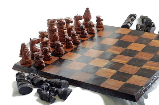 Large Malawian handcarved Wooden Chess Set. Ebony, Olive and Mahogany Wood. Makes a great Gift for play and Display /Decor. Express Shipping