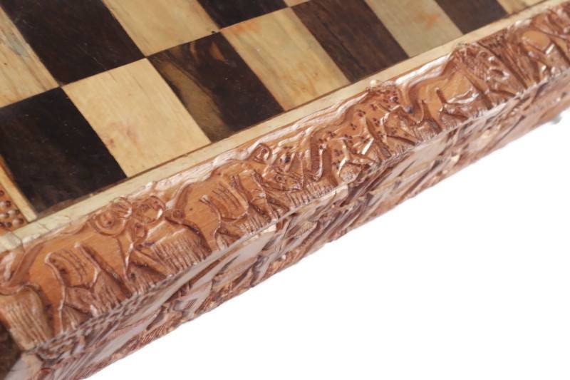 Khoisan Hunters Chess Set Large Masterpiece. Zimbabwean handcarved Foldable board with African Big Five Animals. Olive, Ebony, Mahogany Wood