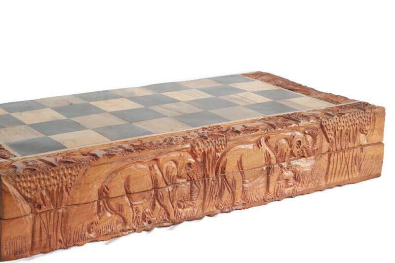 Khoisan Hunters Chess Set Large Masterpiece. Zimbabwean handcarved Foldable board with African Big Five Animals. Olive, Ebony, Mahogany Wood