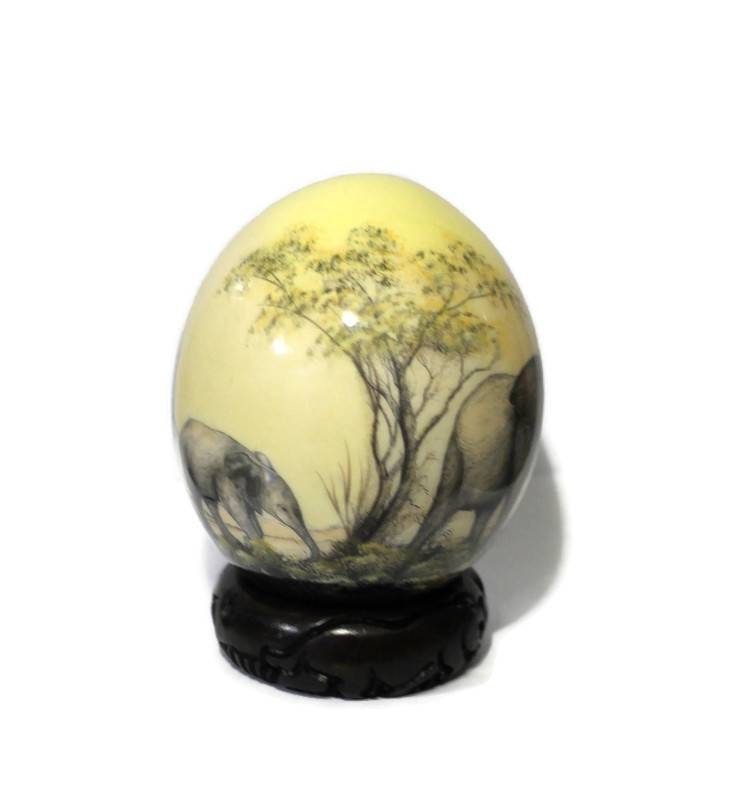 Elephant with Calf Decoupage Ostrich Egg Shell. Hand painted Safari art, grazing Family Home Decor Ornament. Yellow background, ShipsExpress