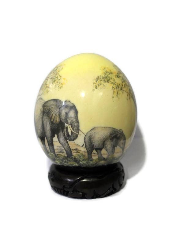 Elephant with Calf Decoupage Ostrich Egg Shell. Hand painted Safari art, grazing Family Home Decor Ornament. Yellow background, ShipsExpress