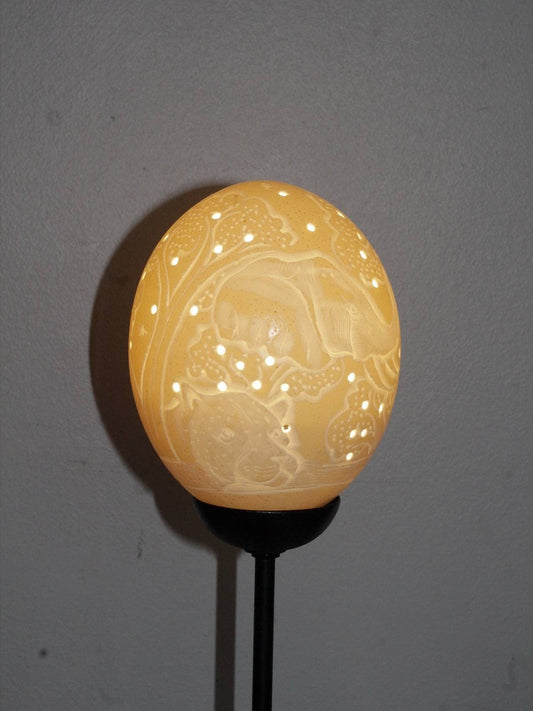 Carved Ostrich Egg Shell Big Five lamp shade. Elephant/Rhino/Lion/Buffalo/Cheetah Heads hand carved Eggs. African Home Decor lighting Gifts