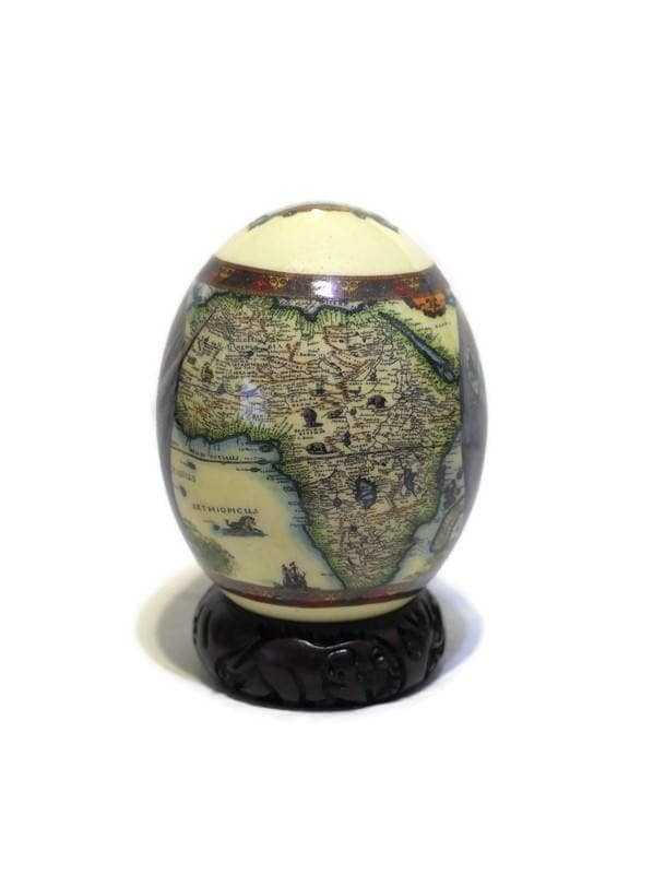 Ostrich Egg Decoupage Art. Long Horn Front Facing Rhino on an Africa Nova Descriptio Map background. Anniversary Gifts Ready to Ship Express