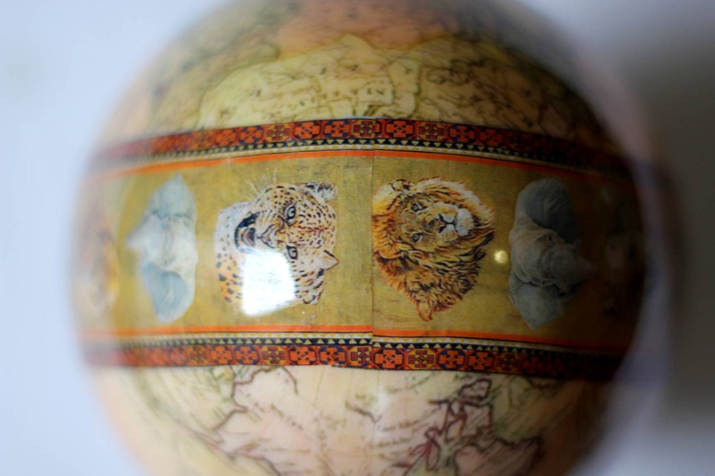 World Map with Big Five Animal heads on Authentic Ostrich Egg Shell Decoupage Art. Unique African Home Decor Gifts Ready to Ship Worldwide.