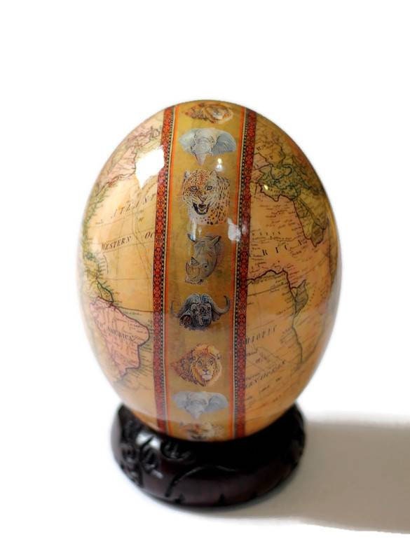 World Map with Big Five Animal heads on Authentic Ostrich Egg Shell Decoupage Art. Unique African Home Decor Gifts Ready to Ship Worldwide.