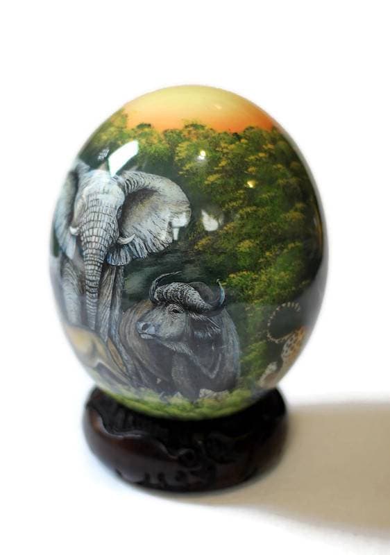 African Big Five Ostrich Egg Decoupage home decor ornament. Elephant, Lion Cheetah, Rhino and Buffalo Animal print on a red Background. Gift