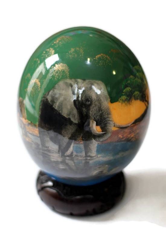 The African Big 5 Animals on the Waterhole at night, Ostrich Egg Decoupage Art. Comes with a Carved Wood Ring stand.  Ready to Ship Express