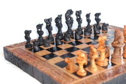 African Big 5 Animals On treetop Chess Set. Ebony, Olive, Mahogany Wood Hand Carved Gaming board. Brown and Black Art gifts Express Shipping