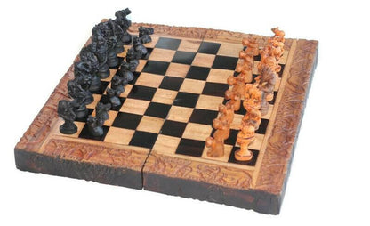 African Big 5 Animals On treetop Chess Set. Ebony, Olive, Mahogany Wood Hand Carved Gaming board. Brown and Black Art gifts Express Shipping