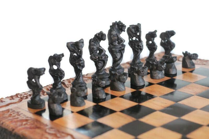 African Big 5 Animals On treetop Chess Set. Ebony, Olive, Mahogany Wood Hand Carved Gaming board. Brown and Black Art gifts Express Shipping
