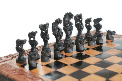 African Big 5 Animals On treetop Chess Set. Ebony, Olive, Mahogany Wood Hand Carved Gaming board. Brown and Black Art gifts Express Shipping