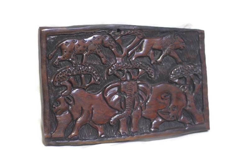 African Big Five Animals carved on a Rectangular Wall Decor Plate. Table top/Hanging frame, Ebony Wood Fine Art ornament. Shipping Worldwide