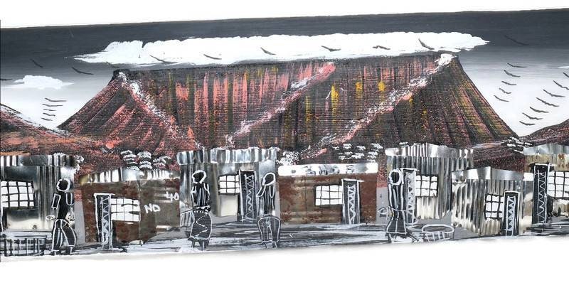 123cm Wide Acrylic painting on Chip board. Black and White, silver and rustic tins South African Art Townships Wall Decor, Table Mountain.