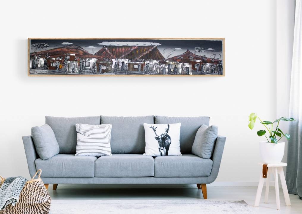 123cm Wide Acrylic painting on Chip board. Black and White, silver and rustic tins South African Art Townships Wall Decor, Table Mountain.