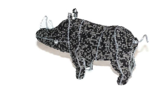 Black, Grey Beaded Rhino Figurines. Unique handmade African animals gifts. Custom Orders Welcome. Colorful Safari Collection, ships Express