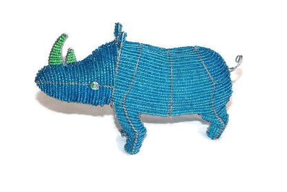 Blue glass beads Rhino Figurine with green horns. African Animals art. Custom Orders Welcome. Colorful Safari Collection, ship Express gifts