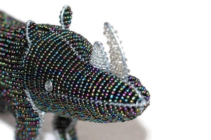 Iris Oil Slick beads Rhino Figurine with clear horns. African Animals art. Custom Orders Welcome. Colorful Safari Collection, ship Express