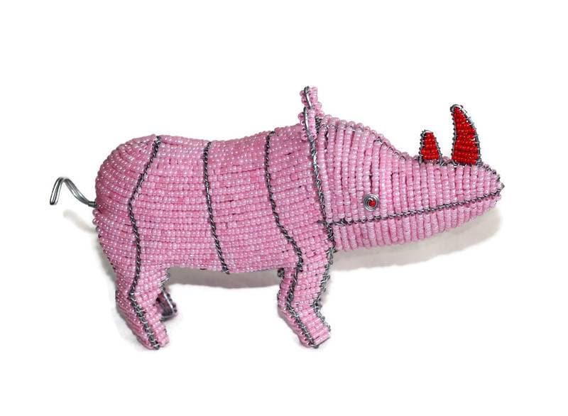 Pink Beads and Wire Rhino Figurine with red horns. African  animals art. Custom Orders Welcome. Colorful Safari Collection by Job Guwhe.