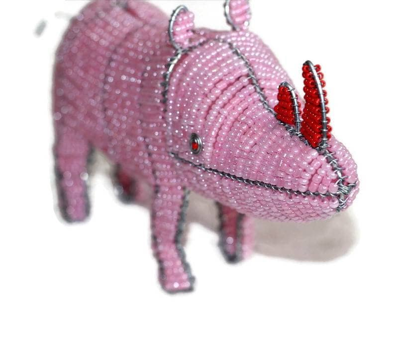 Pink Beads and Wire Rhino Figurine with red horns. African  animals art. Custom Orders Welcome. Colorful Safari Collection by Job Guwhe.