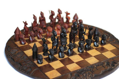 Ebony, Olive and Zebra wood Handcarved Zulu Warriors Chess Set. Fine Art African board game with individually carved pieces. Ships Express