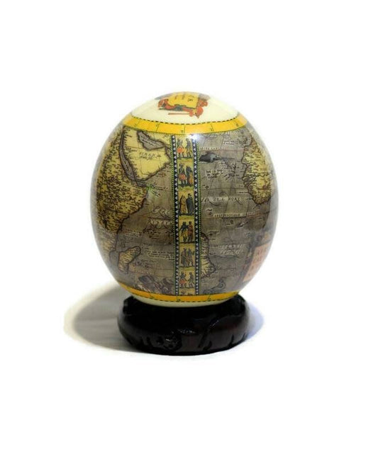 Africae Nova Descriptio Map on Ostrich Egg Decoupage Art. This is an amazing gift for home or offic Decor. Medium sized on ebony wood Stand.