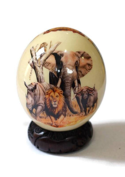 African Big Five Decoupage Shell. Ostrich Egg with big 5 Animals and African Map with protea flowers on a clear background. Express Shipping