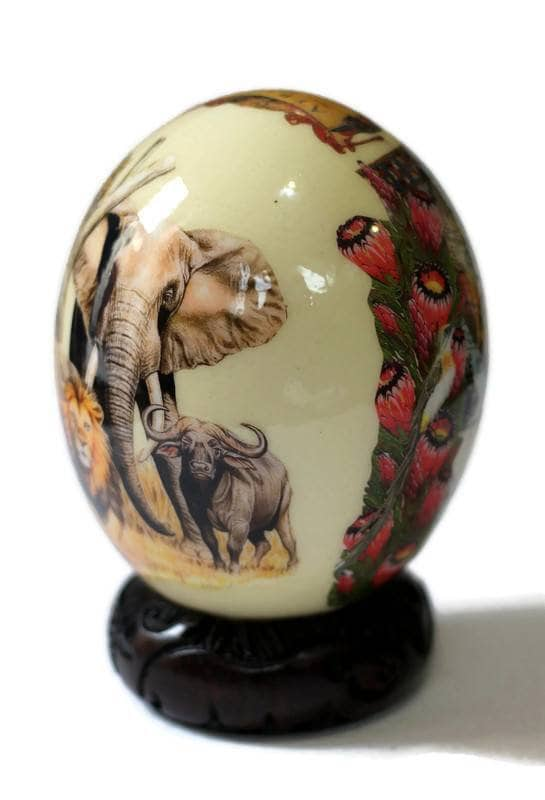 African Big Five Decoupage Shell. Ostrich Egg with big 5 Animals and African Map with protea flowers on a clear background. Express Shipping