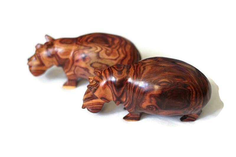 Zebra Wood Carved Hippo. Hand carved Brown smooth Wooden Hippopotamus figurines. Unique handcrafted African animals gifts, Express Shipping.