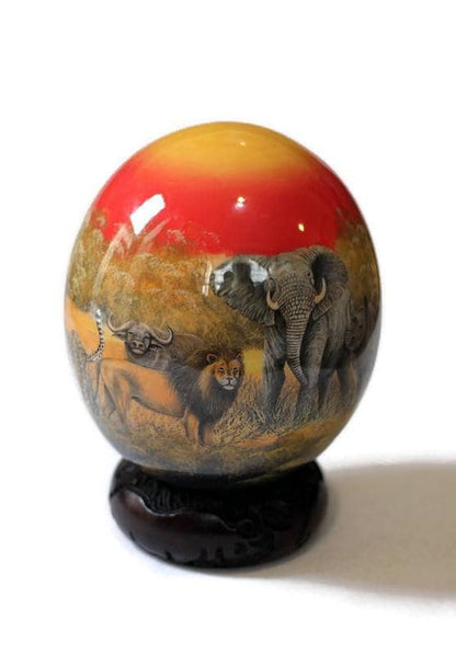 African Big Five Ostrich Egg Decoupage home decor ornament. Elephant, Lion Cheetah, Rhino and Buffalo Animal print on a red Background. Gift