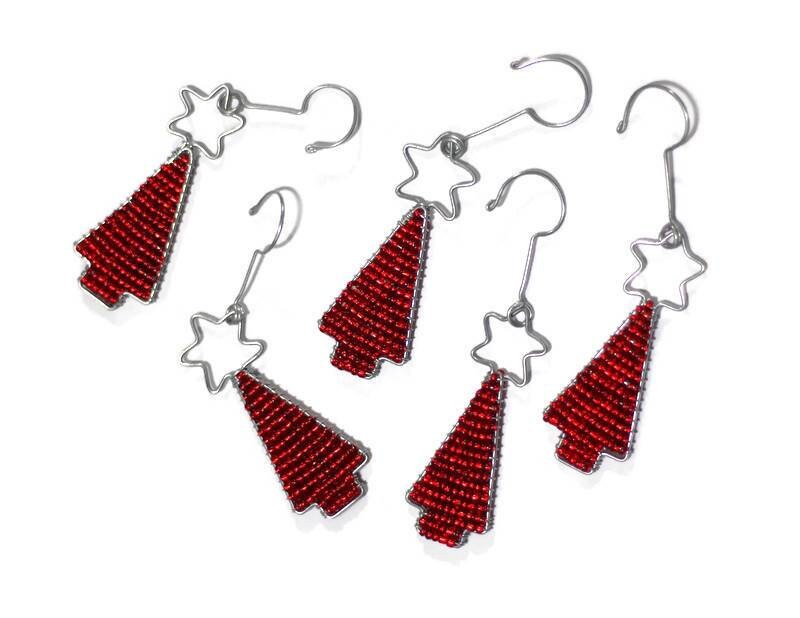 Set of 5 Christmas tree Red beaded hanging decor ornaments. Ready to Ship EXPRESS customized art. Hand crafted African style by JNGcape