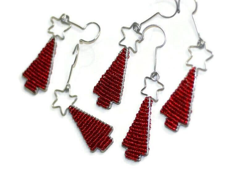 Set of 5 Christmas tree Red beaded hanging decor ornaments. Ready to Ship EXPRESS customized art. Hand crafted African style by JNGcape