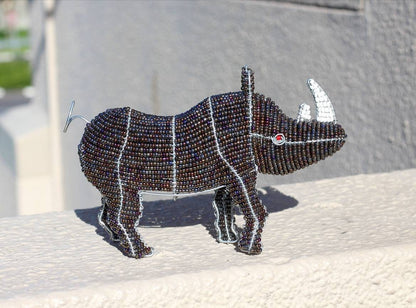 Beaded African Rhino Sculpture. Beads and wire animals. A gift from South Africa. 3D table display interior decorations. Big Five Artwork