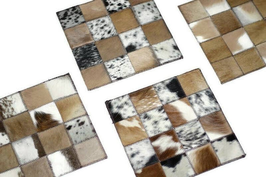 Square Nguni Cow Hide Patchwork Placemats. Each mat made of 16 Authentic mixed color patches, design with overlock stitching. African Decor