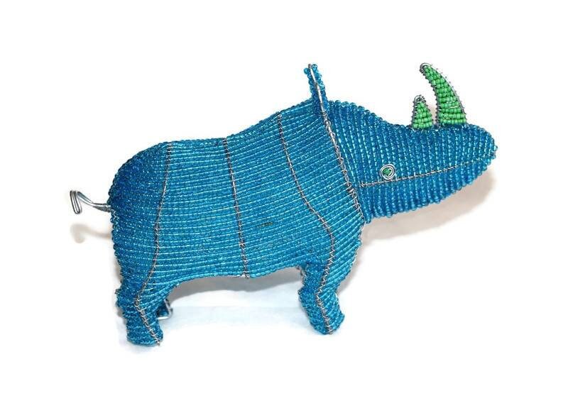 Blue glass beads Rhino Figurine with green horns. African Animals art. Custom Orders Welcome. Colorful Safari Collection, ship Express gifts