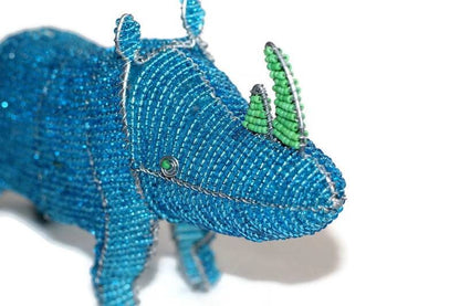 Blue glass beads Rhino Figurine with green horns. African Animals art. Custom Orders Welcome. Colorful Safari Collection, ship Express gifts