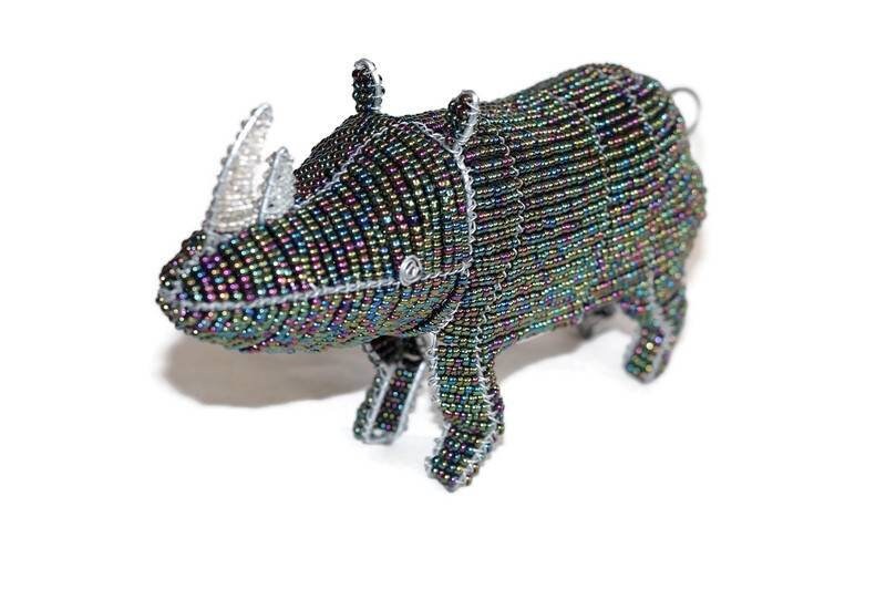 Iris Oil Slick beads Rhino Figurine with clear horns. African Animals art. Custom Orders Welcome. Colorful Safari Collection, ship Express