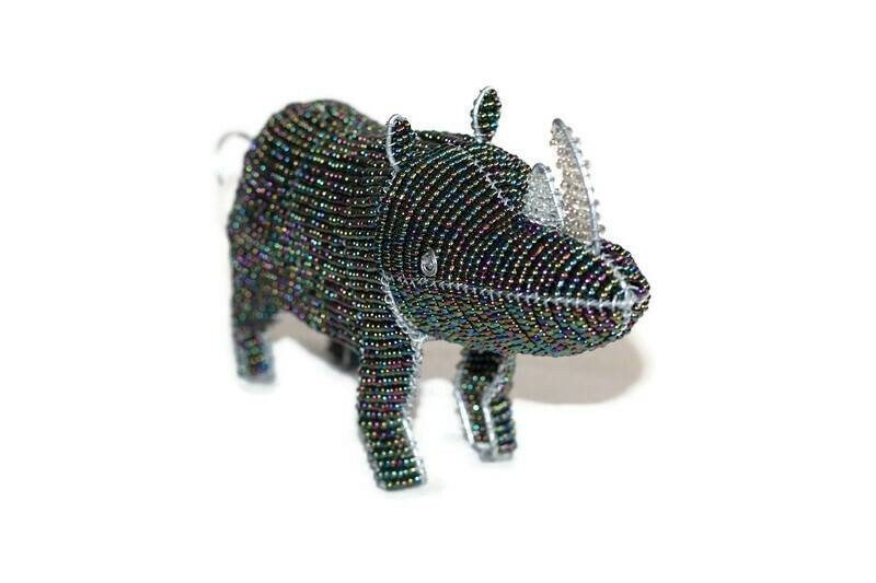 Iris Oil Slick beads Rhino Figurine with clear horns. African Animals art. Custom Orders Welcome. Colorful Safari Collection, ship Express