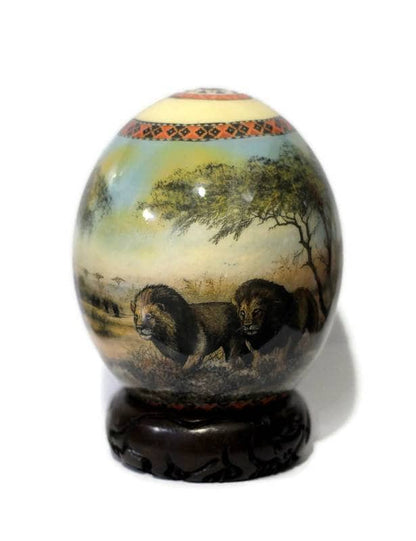 Prey stands against Predator Lion and Buffalo Decoupage Ostrich Egg Shell. Safari hunt art, Home Decor Ornament. Ready to Ship Express Gifts