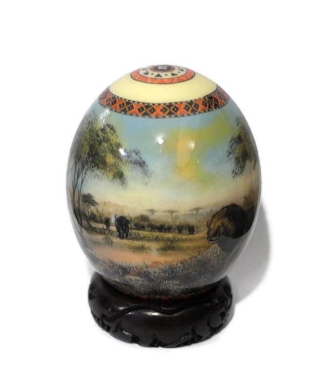 Prey stands against Predator Lion and Buffalo Decoupage Ostrich Egg Shell. Safari hunt art, Home Decor Ornament. Ready to Ship Express Gifts