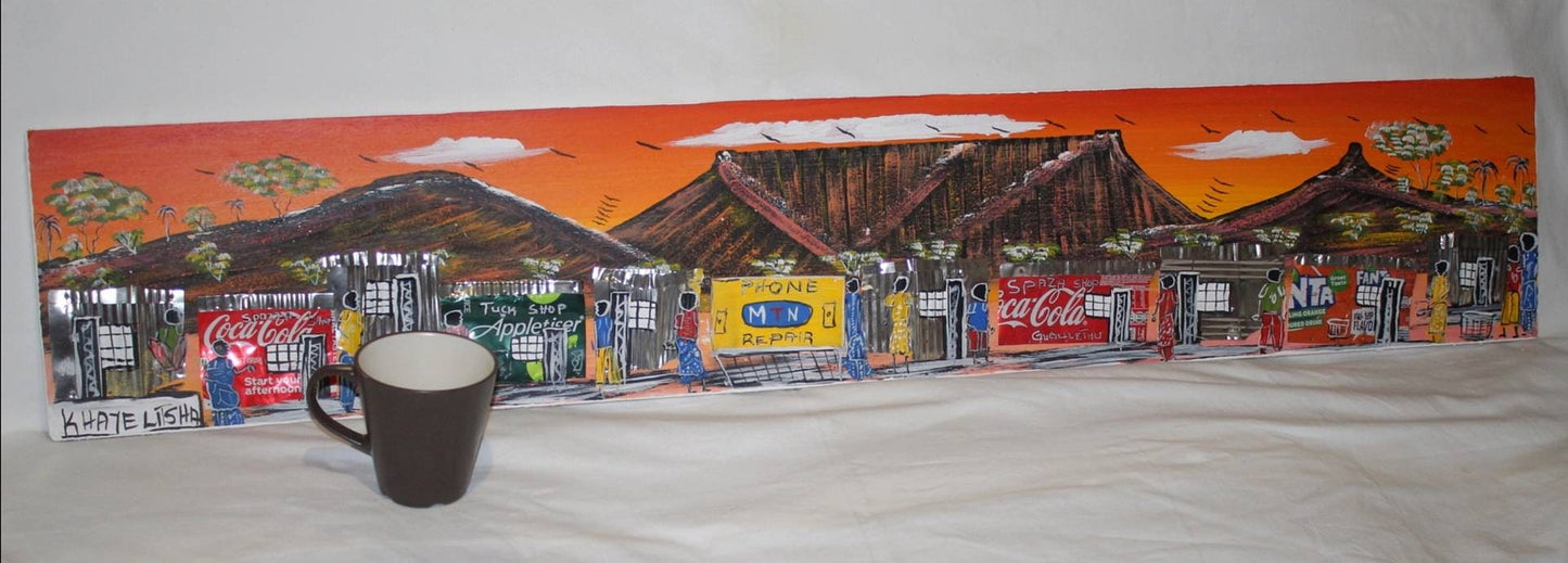 123cm Rustic South African Township Paintings. Acrylic Paint on Chipboard. Sunset Theme, Table Mountain, Cape Town Art for home/Office Decor