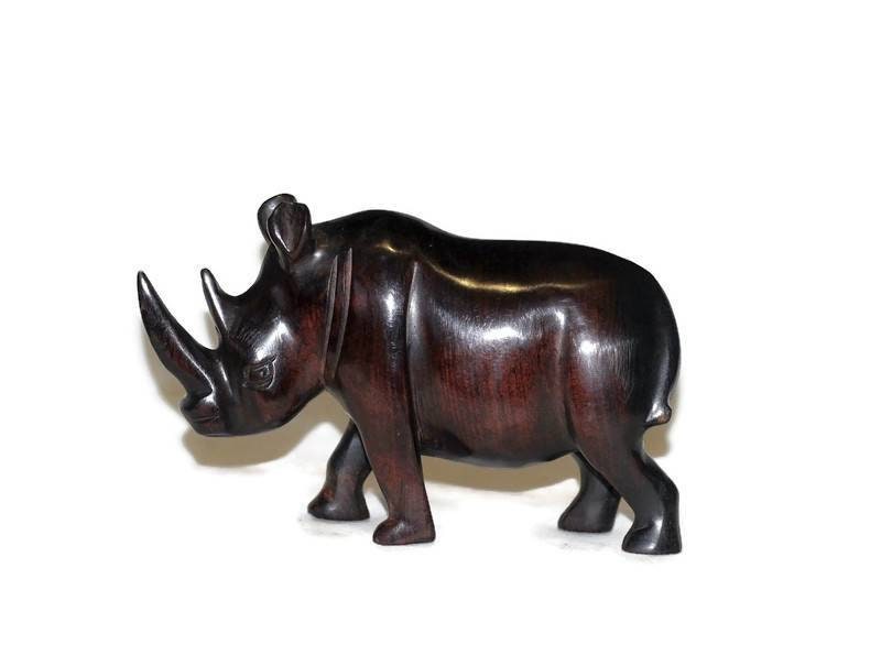 Smooth Zambian Ebony wood handcarved Rhino. Unique African Art Gifts, for home and office decor. Walking Long Horn Rhinoceros figurines.